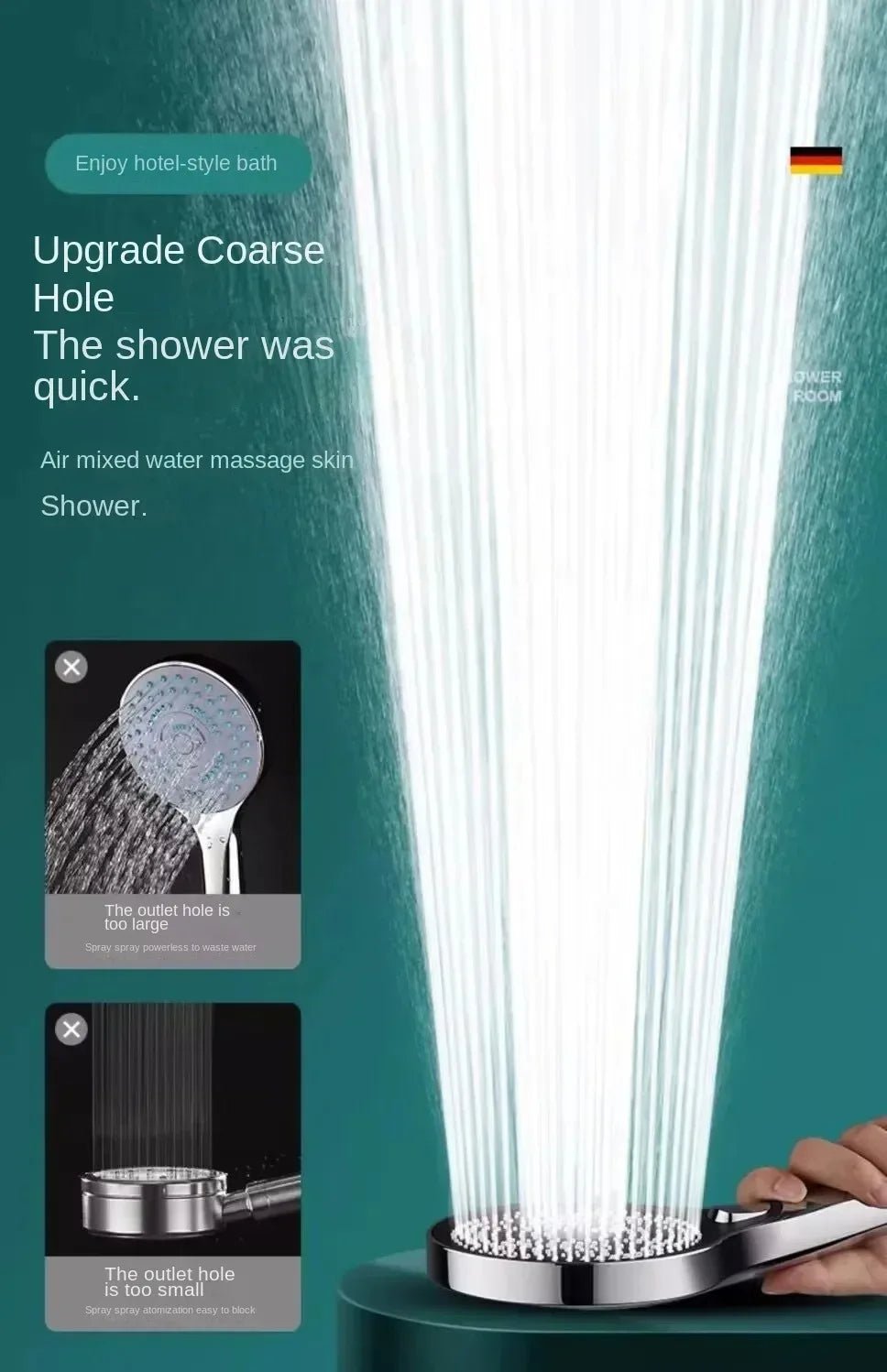 13CM High - Pressure Shower Head – 3 Modes, Water - Saving & Massage Spray | Handheld Bathroom Shower - Vynori