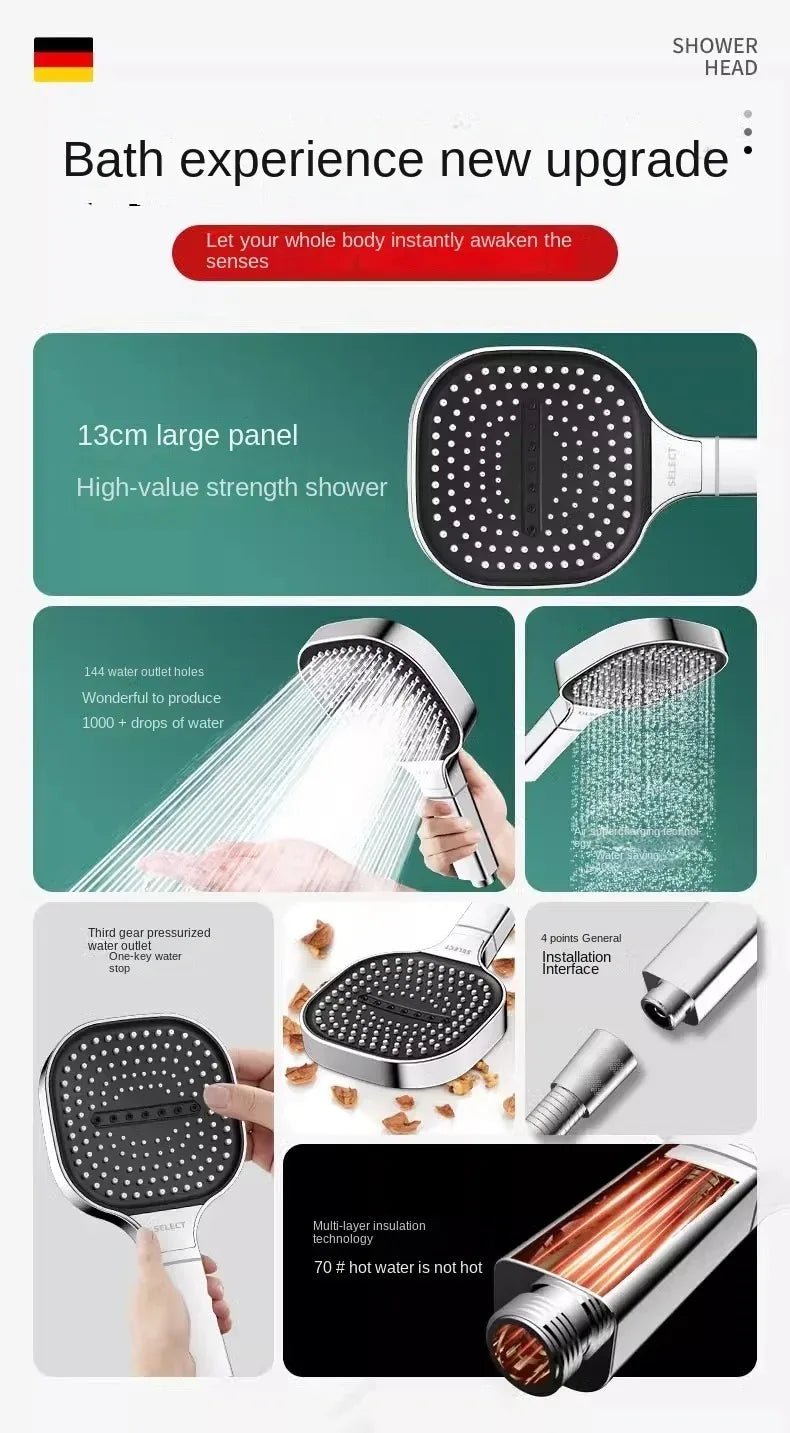 13CM High - Pressure Shower Head – 3 Modes, Water - Saving & Massage Spray | Handheld Bathroom Shower - Vynori