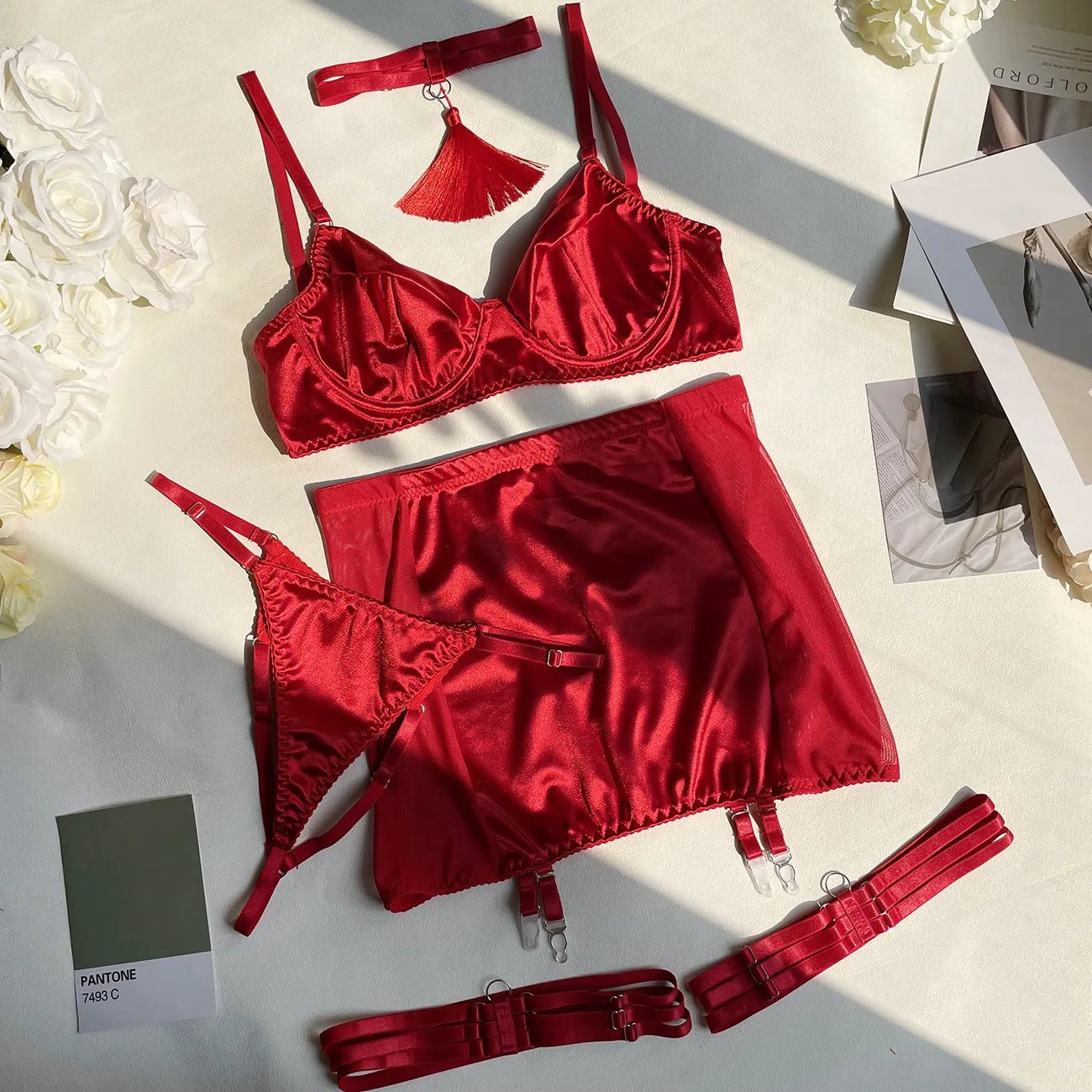 5 - Piece Sexy Lingerie Set – Choker Tassel, Garter Belt, Clubwear Underwear - Vynori