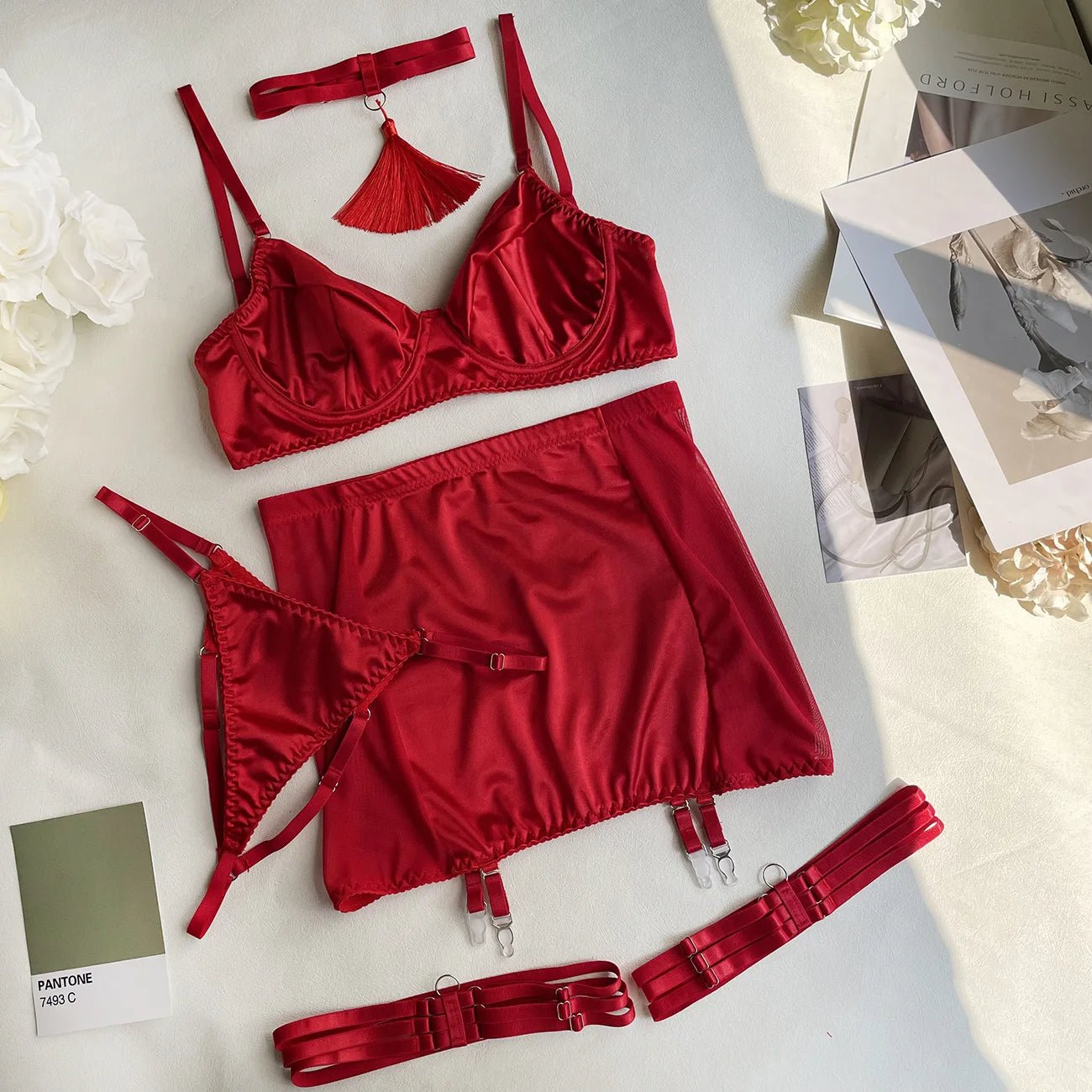 5 - Piece Sexy Lingerie Set – Choker Tassel, Garter Belt, Clubwear Underwear - Vynori