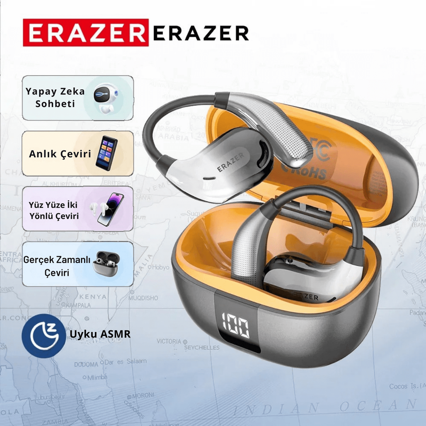 ERAZER XT66PRO AI Translator Earbuds – 135+ Languages, Waterproof, 90H Battery, ASMR Headset