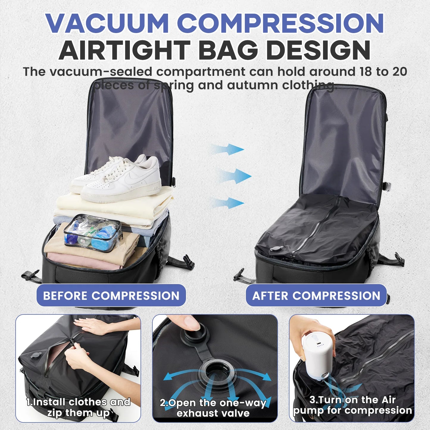 Vacuum Compression 15.6″ Laptop Backpack – 20–35L Expandable Travel & Hiking Bag with Built-on Valve & Pump-Ready Design, Cabin-Approved 40×20×25 cm Unisex Daypack