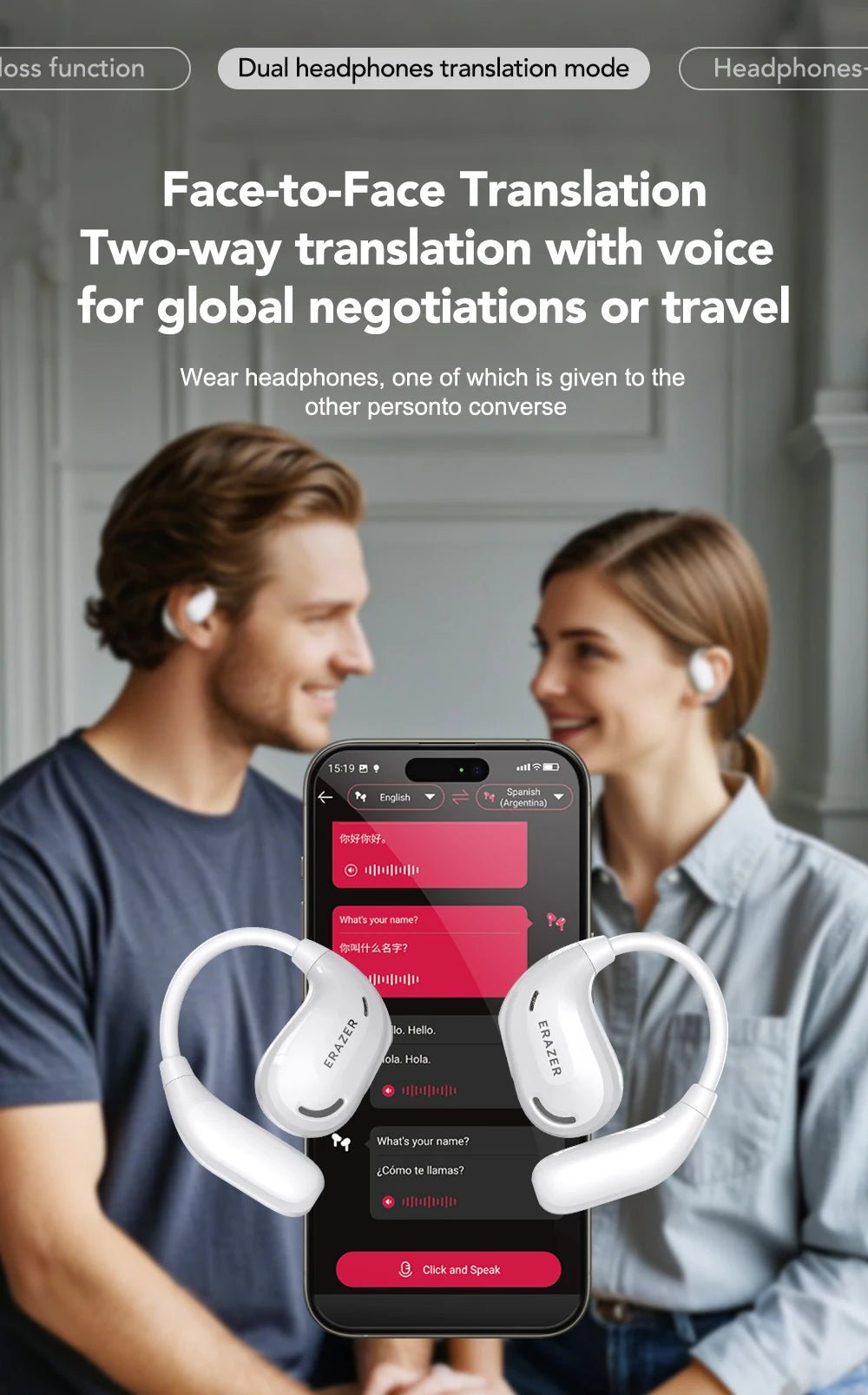 ERAZER XT66PRO AI Translator Earbuds – 135+ Languages, Waterproof, 90H Battery, ASMR Headset - Vynori