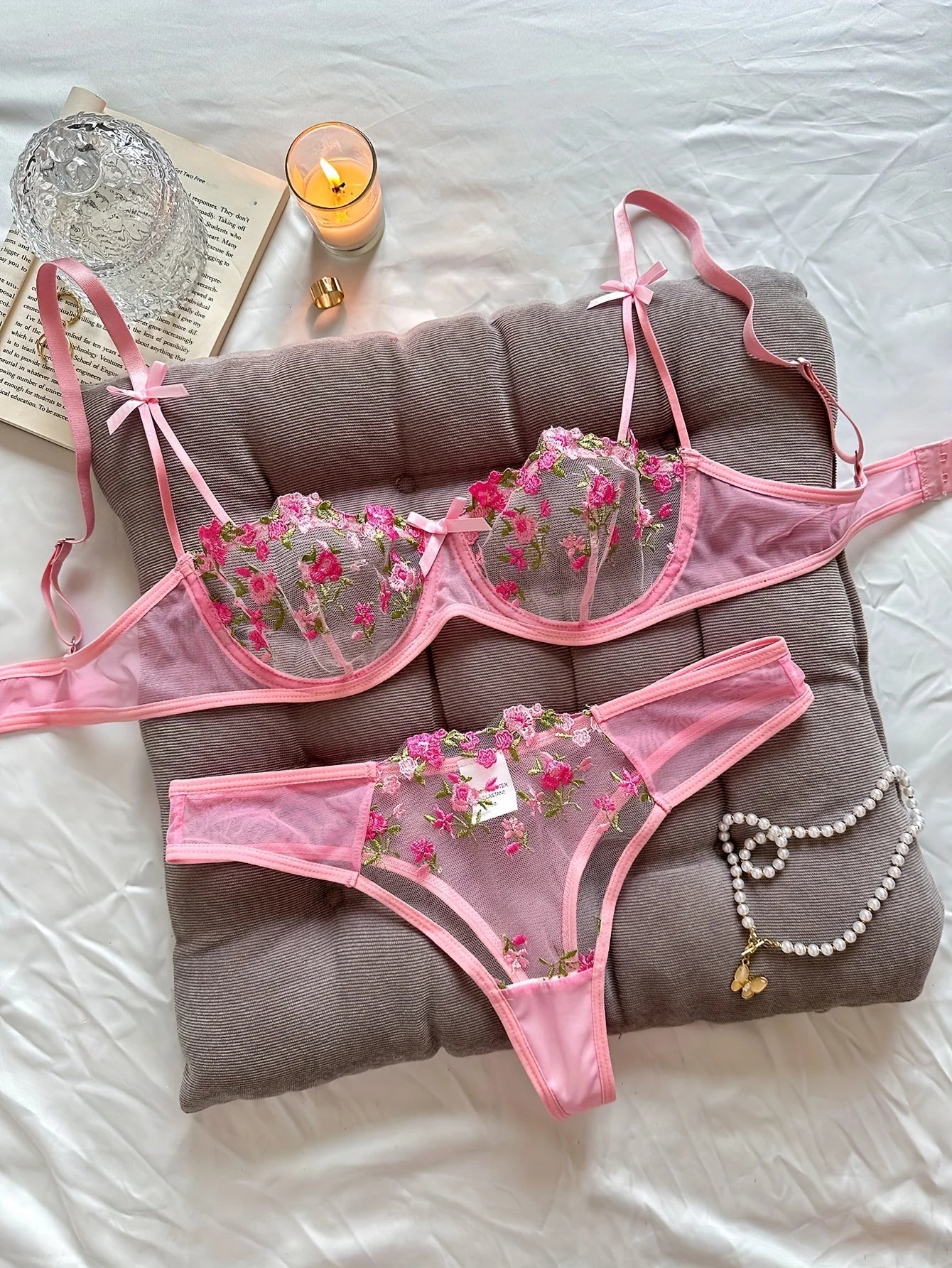 Floral Embroidered 2 - Piece Sexy Lingerie Set - Women's Unlined Bra & Briefs with Underwire - Vynori