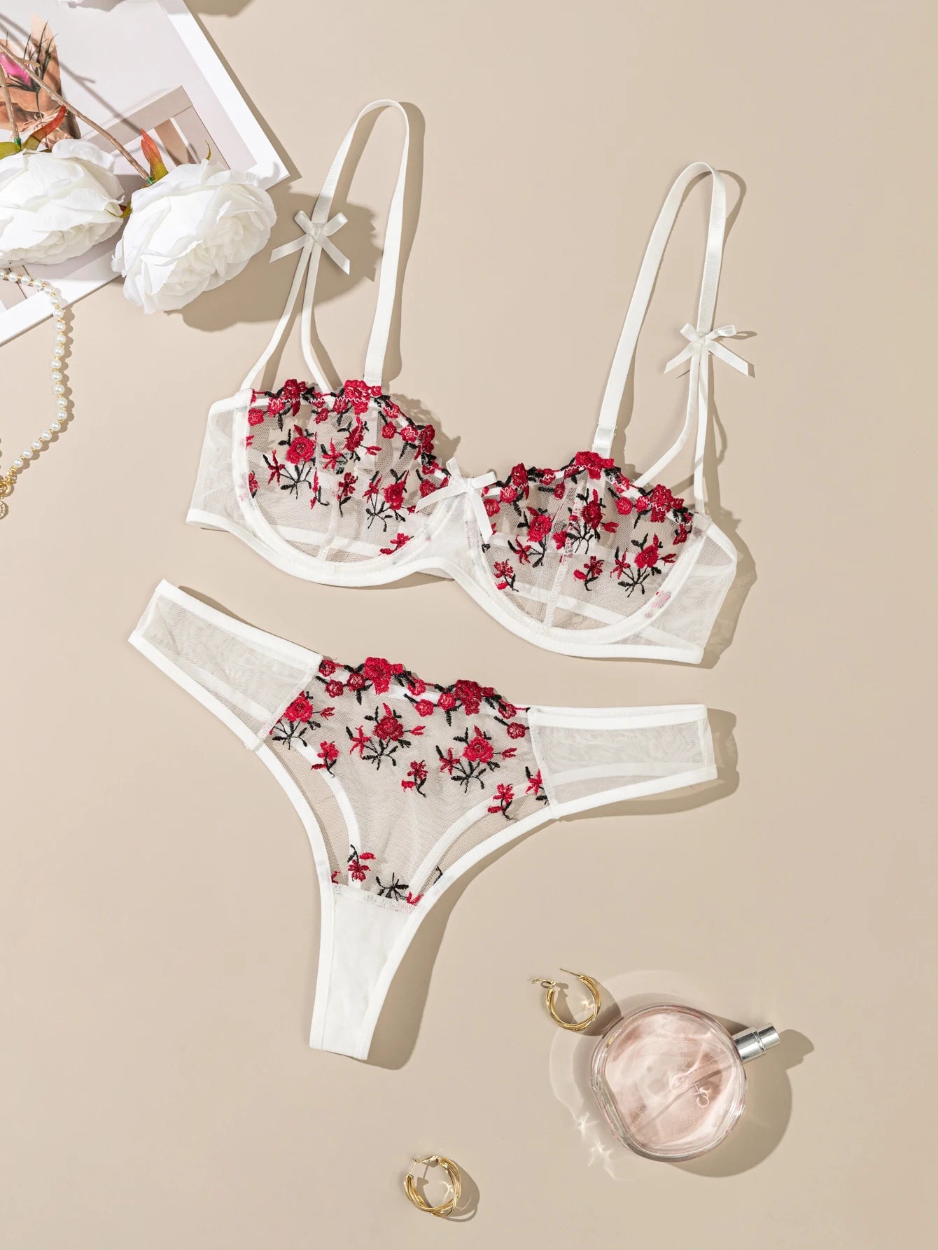Floral Embroidered 2 - Piece Sexy Lingerie Set - Women's Unlined Bra & Briefs with Underwire - Vynori