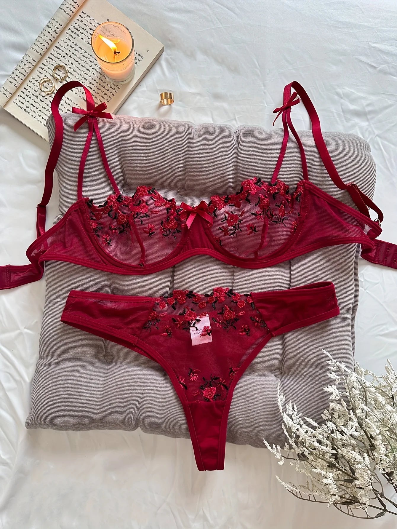 Floral Embroidered 2 - Piece Sexy Lingerie Set - Women's Unlined Bra & Briefs with Underwire - Vynori