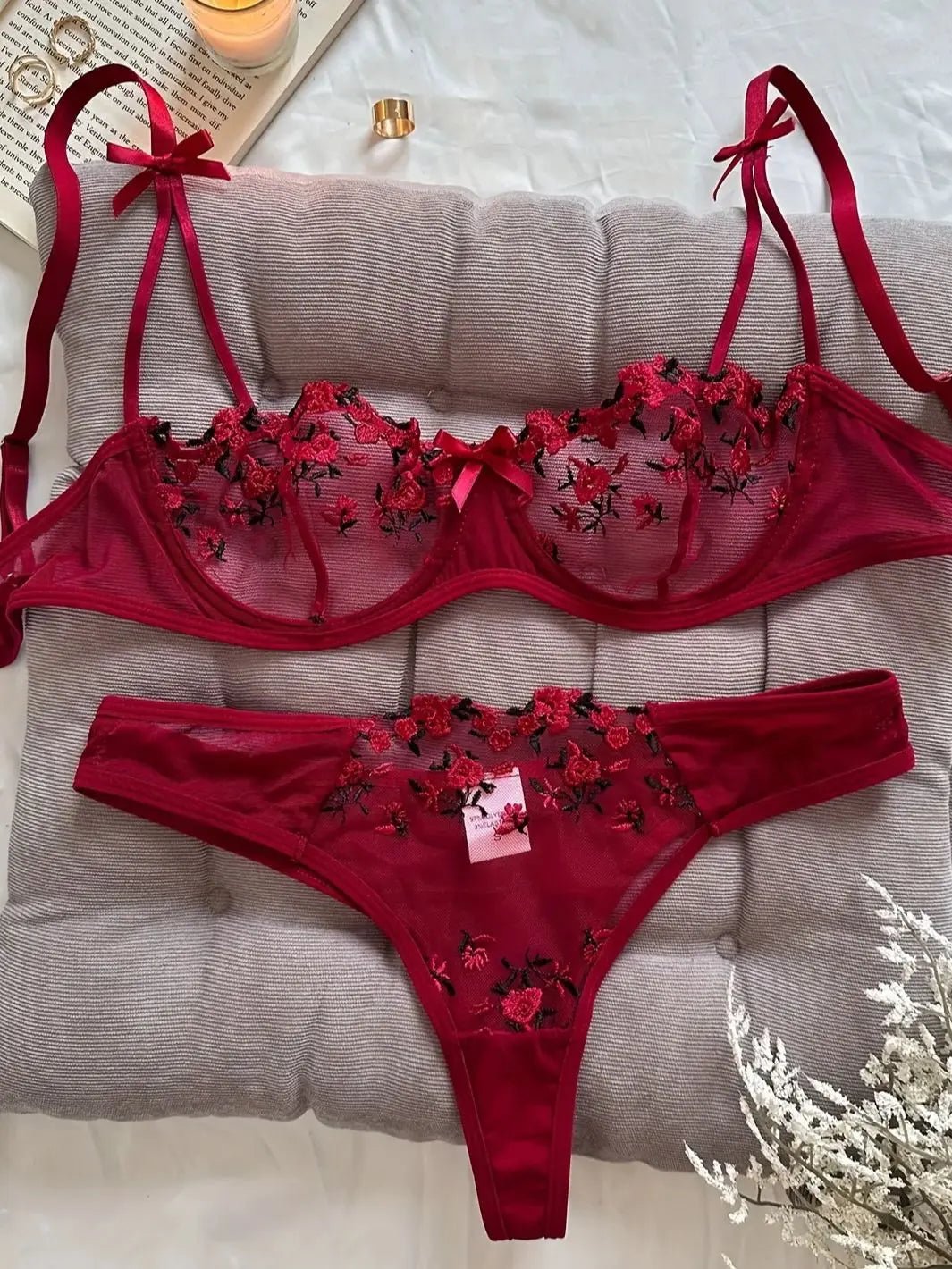 Floral Embroidered 2 - Piece Sexy Lingerie Set - Women's Unlined Bra & Briefs with Underwire - Vynori