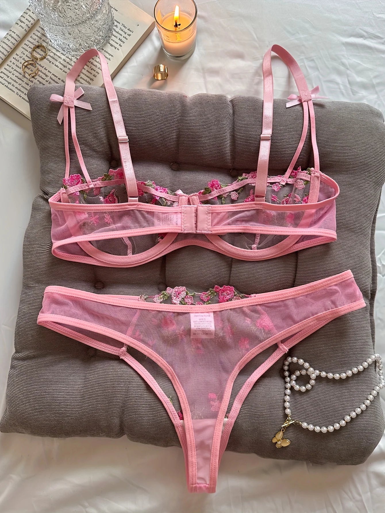 Floral Embroidered 2 - Piece Sexy Lingerie Set - Women's Unlined Bra & Briefs with Underwire - Vynori
