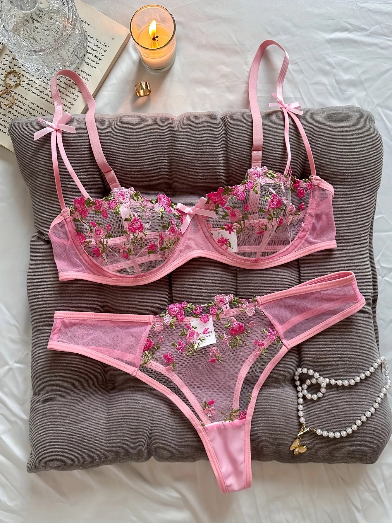 Floral Embroidered 2 - Piece Sexy Lingerie Set - Women's Unlined Bra & Briefs with Underwire - Vynori