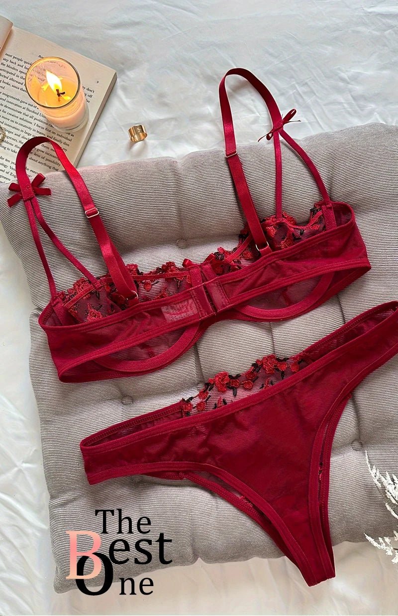 Floral Embroidered 2 - Piece Sexy Lingerie Set - Women's Unlined Bra & Briefs with Underwire - Vynori