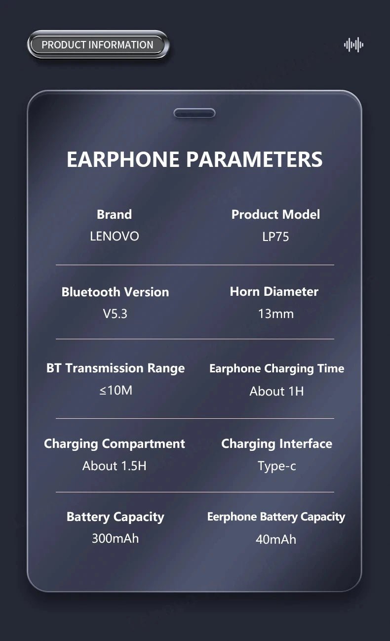 Lenovo LP75 TWS Bluetooth 5.3 Earphones – Wireless, LED Display, Noise Reduction, Waterproof & Sports - Ready - Vynori