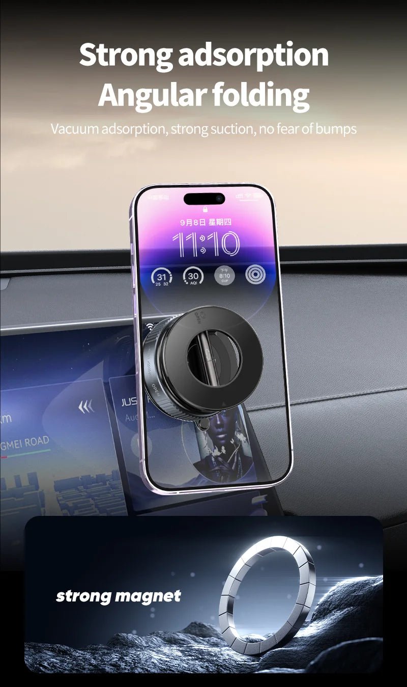 Magnetic Vacuum Car Mount | Electric Suction Phone Holder for iPhone & Android | Foldable & Strong Grip for Live Streaming & Navigation - Vynori