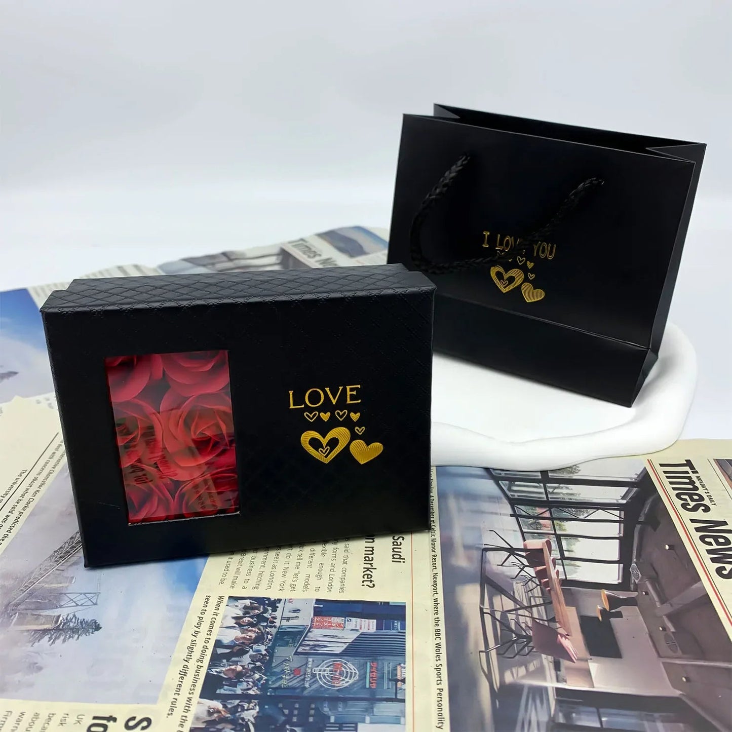 Romantic Handmade Eternal Rose Jewelry Gift Box with Window - Valentine's Day, Anniversary, Wedding Gift Packaging (6 Roses, Cardboard) - Vynori
