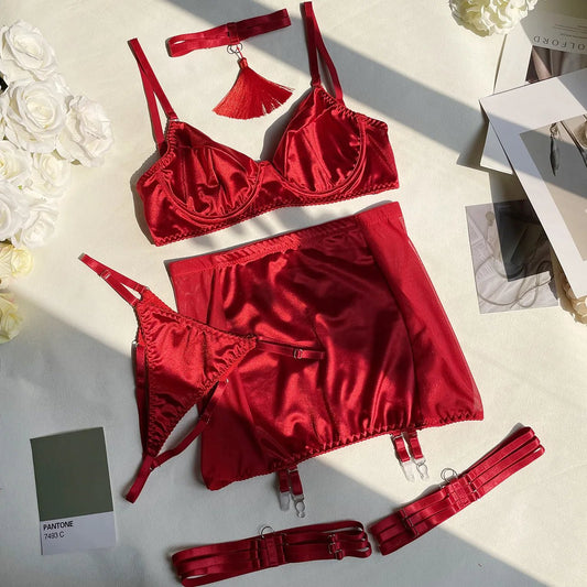 5 - Piece Sexy Lingerie Set – Choker Tassel, Garter Belt, Clubwear Underwear - Vynori