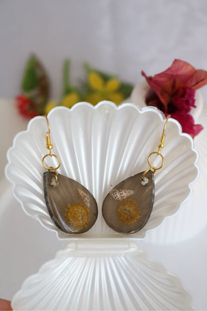 Pair of earrings on a white shell with a blurred floral background