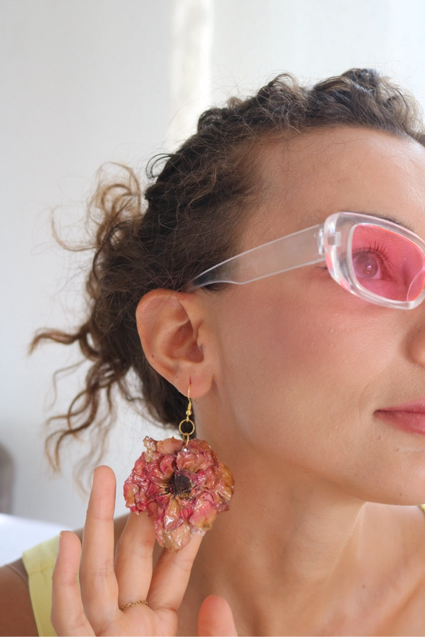 Close-up of a person wearing pink floral earrings and pink sunglasses with a blurred background