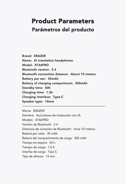 ERAZER XT66PRO AI Translator Earbuds – 135+ Languages, Waterproof, 90H Battery, ASMR Headset - Vynori