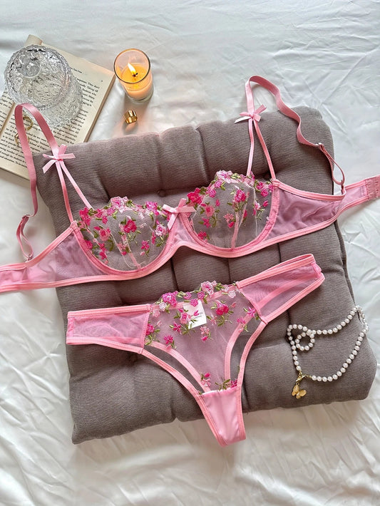 Floral Embroidered 2 - Piece Sexy Lingerie Set - Women's Unlined Bra & Briefs with Underwire - Vynori