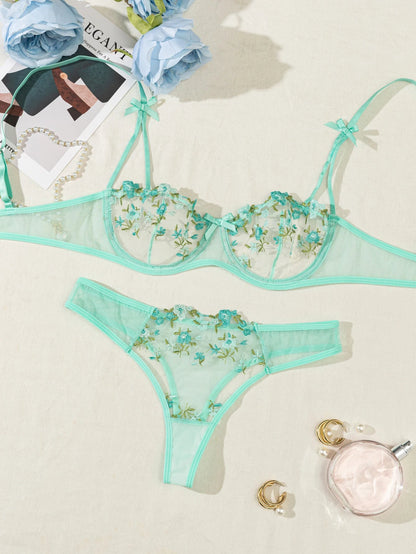 Floral Embroidered 2 - Piece Sexy Lingerie Set - Women's Unlined Bra & Briefs with Underwire - Vynori