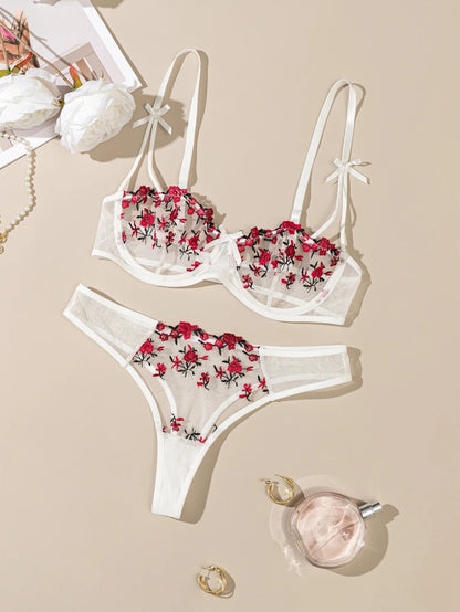 Floral Embroidered 2 - Piece Sexy Lingerie Set - Women's Unlined Bra & Briefs with Underwire - Vynori