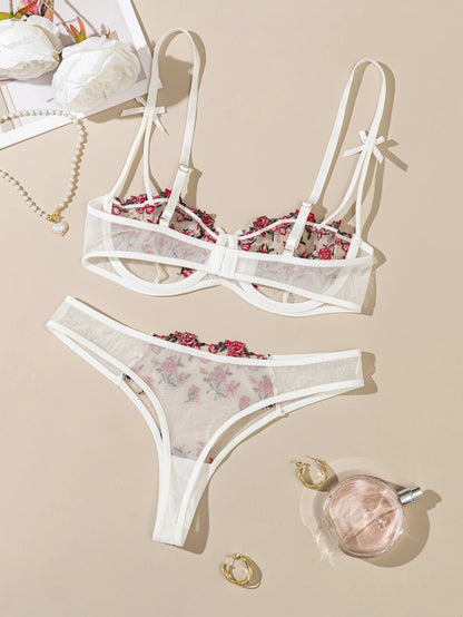 Floral Embroidered 2 - Piece Sexy Lingerie Set - Women's Unlined Bra & Briefs with Underwire - Vynori