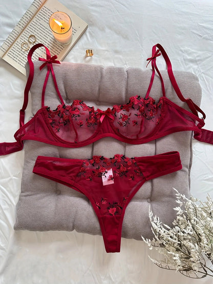 Floral Embroidered 2 - Piece Sexy Lingerie Set - Women's Unlined Bra & Briefs with Underwire - Vynori