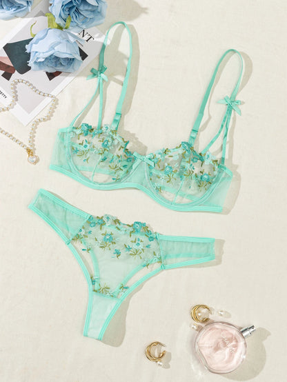 Floral Embroidered 2 - Piece Sexy Lingerie Set - Women's Unlined Bra & Briefs with Underwire - Vynori