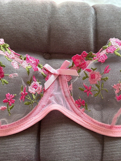 Floral Embroidered 2 - Piece Sexy Lingerie Set - Women's Unlined Bra & Briefs with Underwire - Vynori
