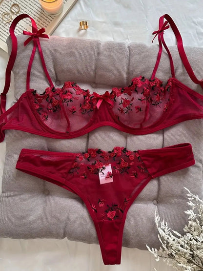 Floral Embroidered 2 - Piece Sexy Lingerie Set - Women's Unlined Bra & Briefs with Underwire - Vynori