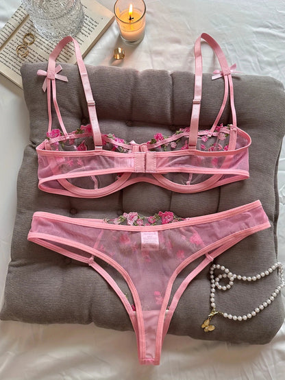 Floral Embroidered 2 - Piece Sexy Lingerie Set - Women's Unlined Bra & Briefs with Underwire - Vynori