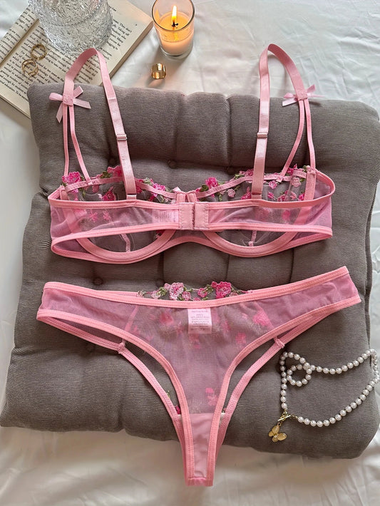 Floral Embroidered 2 - Piece Sexy Lingerie Set - Women's Unlined Bra & Briefs with Underwire - Vynori
