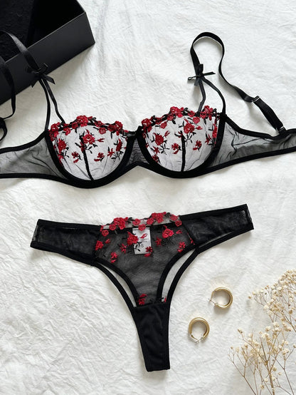 Floral Embroidered 2 - Piece Sexy Lingerie Set - Women's Unlined Bra & Briefs with Underwire - Vynori