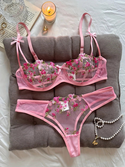 Floral Embroidered 2 - Piece Sexy Lingerie Set - Women's Unlined Bra & Briefs with Underwire - Vynori