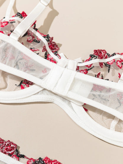 Floral Embroidered 2 - Piece Sexy Lingerie Set - Women's Unlined Bra & Briefs with Underwire - Vynori