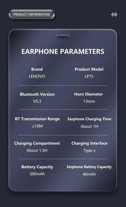 Lenovo LP75 TWS Bluetooth 5.3 Earphones – Wireless, LED Display, Noise Reduction, Waterproof & Sports - Ready - Vynori