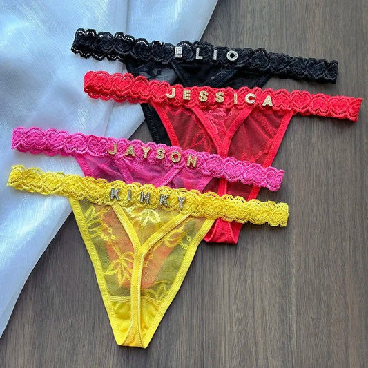 Personalized Crystal Letter Lace Thong – Custom Name Sexy G - String Panties for Women - Vynori