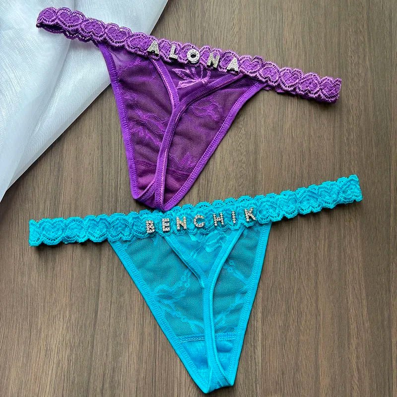 Personalized Crystal Letter Lace Thong – Custom Name Sexy G - String Panties for Women - Vynori