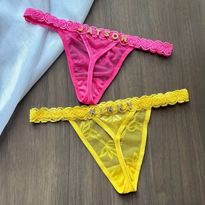Personalized Crystal Letter Lace Thong – Custom Name Sexy G - String Panties for Women - Vynori