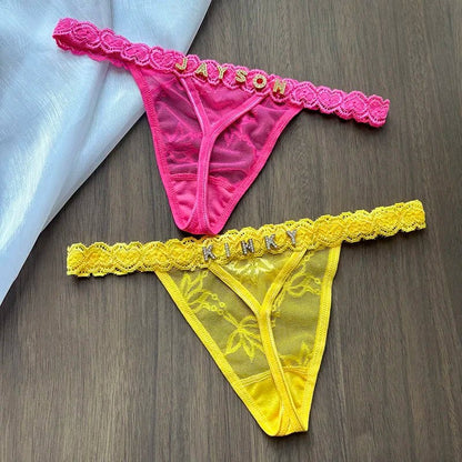 Personalized Crystal Letter Lace Thong – Custom Name Sexy G - String Panties for Women - Vynori