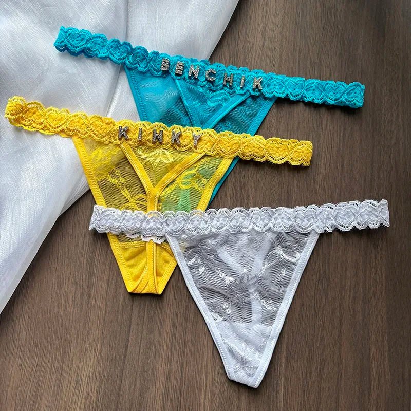 Personalized Crystal Letter Lace Thong – Custom Name Sexy G - String Panties for Women - Vynori