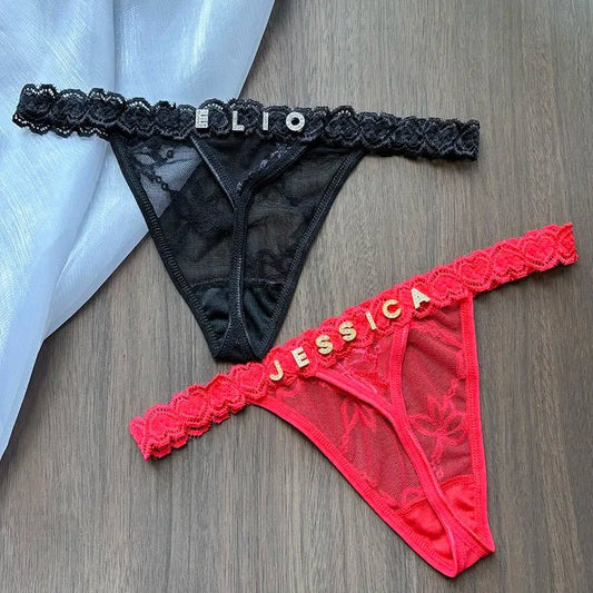 Personalized Crystal Letter Lace Thong – Custom Name Sexy G - String Panties for Women - Vynori