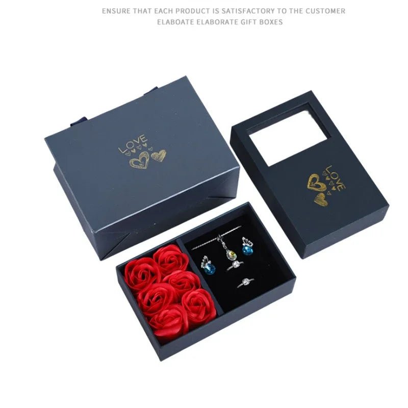 Romantic Handmade Eternal Rose Jewelry Gift Box with Window - Valentine's Day, Anniversary, Wedding Gift Packaging (6 Roses, Cardboard) - Vynori